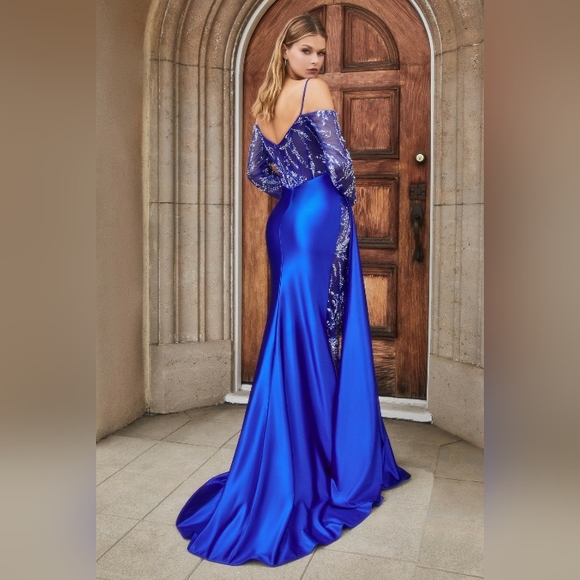 Royal,long sleeve beaded off the shoulder fitted leg slit floor length gown - Picture 4 of 9